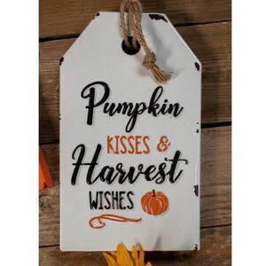 NWT 12” METAL ENAMEL Pumpkin KISSES & Harvest WISHES Autumn SIGN